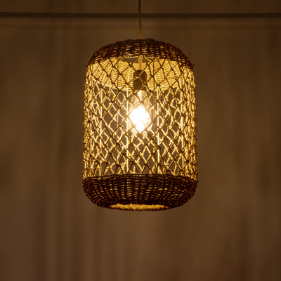 GloboStar® ECUADOR 02117 Boho Κρεμαστό Φωτιστικό Πλέγμα Μονόφωτο 1 x E27 IP20 Μπεζ Rattan - Μ28 x Π28 x Υ40cm