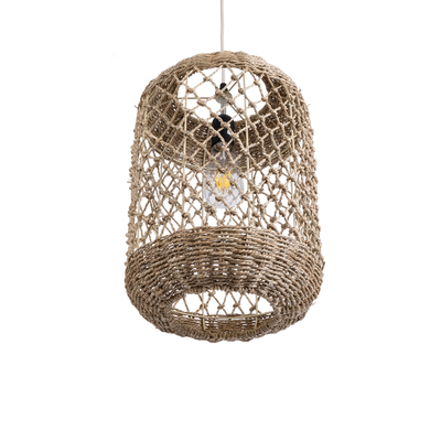 GloboStar® ECUADOR 02117 Boho Κρεμαστό Φωτιστικό Πλέγμα Μονόφωτο 1 x E27 IP20 Μπεζ Rattan - Μ28 x Π28 x Υ40cm