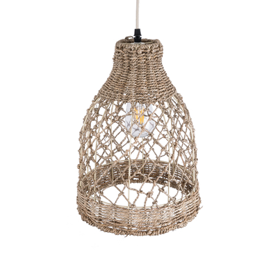 GloboStar® ECUADOR 02118 Boho Κρεμαστό Φωτιστικό Πλέγμα Μονόφωτο 1 x E27 IP20 Μπεζ Rattan - Μ25 x Π25 x Υ35cm