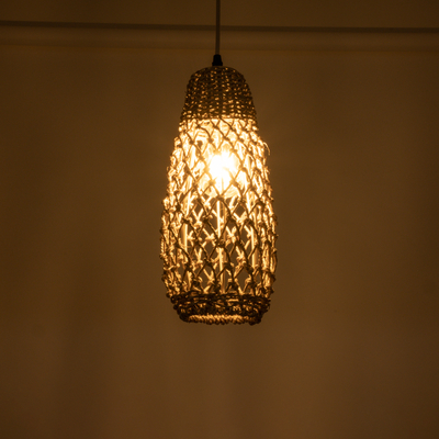 GloboStar® ECUADOR 02119 Boho Κρεμαστό Φωτιστικό Πλέγμα Μονόφωτο 1 x E27 IP20 Μπεζ Rattan - Μ15 x Π15 x Υ35cm