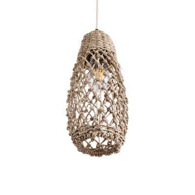 GloboStar® ECUADOR 02119 Boho Κρεμαστό Φωτιστικό Πλέγμα Μονόφωτο 1 x E27 IP20 Μπεζ Rattan - Μ15 x Π15 x Υ35cm