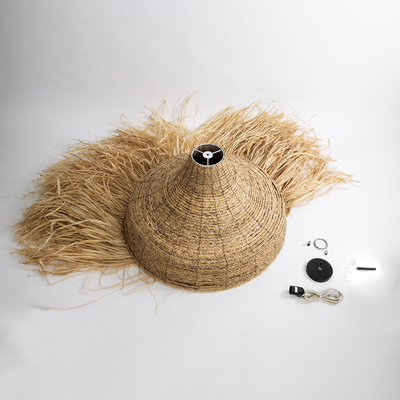 GloboStar® PORTOFERRAIO 02186 Boho Κρεμαστό Φωτιστικό Πλέγμα Μονόφωτο 1 x E27 IP20 Μπεζ Ράφια - Μ80 x Π80 x Υ120cm