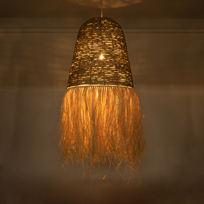 GloboStar® PORTOFERRAIO 02190 Boho Κρεμαστό Φωτιστικό Πλέγμα Μονόφωτο 1 x E27 IP20 Μπεζ Ράφια - Μ60 x Π60 x Υ120cm