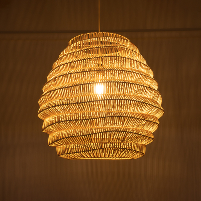 GloboStar® OREGON 02206 Boho Κρεμαστό Φωτιστικό Πλέγμα Μονόφωτο 1 x E27 IP20 Μπεζ Ξύλο - Μ60 x Π60 x Υ56cm