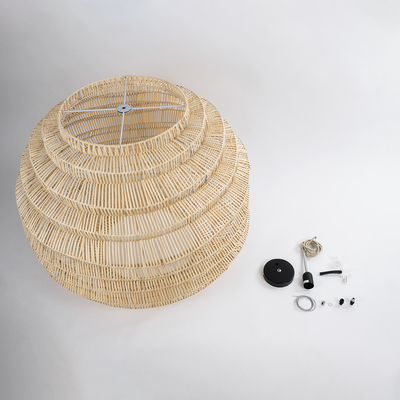 GloboStar® OREGON 02207 Boho Κρεμαστό Φωτιστικό Πλέγμα Μονόφωτο 1 x E27 IP20 Μπεζ Ξύλο - Μ80 x Π80 x Υ65cm