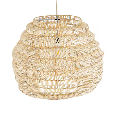 GloboStar® OREGON 02207 Boho Κρεμαστό Φωτιστικό Πλέγμα Μονόφωτο 1 x E27 IP20 Μπεζ Ξύλο - Μ80 x Π80 x Υ65cm