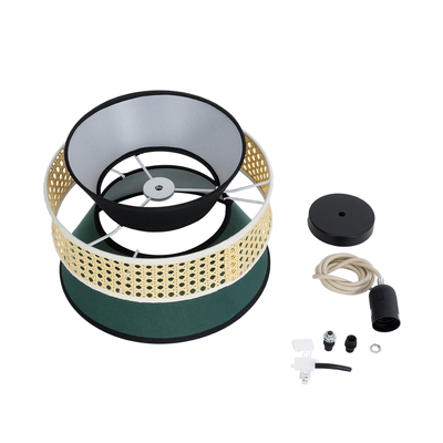 GloboStar® SAIGE 01915 Boho Κρεμαστό Φωτιστικό Πλέγμα Μονόφωτο 1 x E27 IP20 Μπεζ Ξύλο με Μαύρο & Πράσινο Ύφασμα - Μ30 x Π30 x Υ22cm