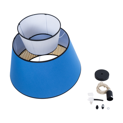 GloboStar® SAIGE 01918 Boho Κρεμαστό Φωτιστικό Πλέγμα Μονόφωτο 1 x E27 IP20 Μπεζ Ξύλο με Μπλε & Γκρι Ύφασμα - Μ50 x Π50 x Υ45cm