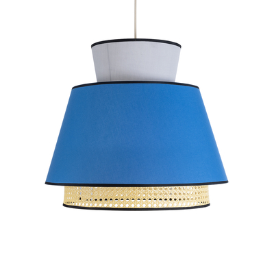 GloboStar® SAIGE 01918 Boho Κρεμαστό Φωτιστικό Πλέγμα Μονόφωτο 1 x E27 IP20 Μπεζ Ξύλο με Μπλε & Γκρι Ύφασμα - Μ50 x Π50 x Υ45cm