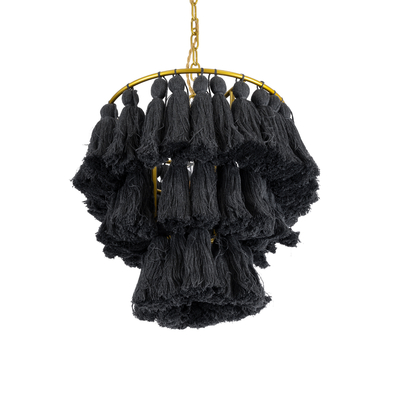 GloboStar® MISSOULA 02087 Boho Κρεμαστό Φωτιστικό Σχοινί Μονόφωτο 1 x E27 IP20 Μαύρο Ύφασμα με Χρυσό Μέταλλο - Μ30 x Π30 x Υ40cm