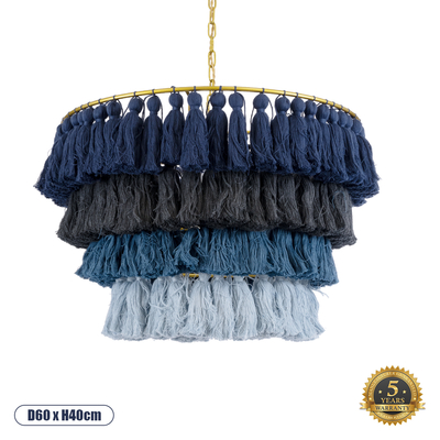GloboStar® MISSOULA 02089 Boho Κρεμαστό Φωτιστικό Σχοινί Μονόφωτο 1 x E27 IP20 Πολύχρωμο Ύφασμα με Χρυσό Μέταλλο - Μ60 x Π60 x Υ40cm