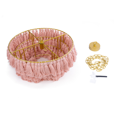 GloboStar® MISSOULA 02090 Boho Κρεμαστό Φωτιστικό Σχοινί Μονόφωτο 1 x E27 IP20 Ροζ Ύφασμα με Χρυσό Μέταλλο - Μ60 x Π60 x Υ40cm