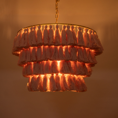 GloboStar® MISSOULA 02090 Boho Κρεμαστό Φωτιστικό Σχοινί Μονόφωτο 1 x E27 IP20 Ροζ Ύφασμα με Χρυσό Μέταλλο - Μ60 x Π60 x Υ40cm