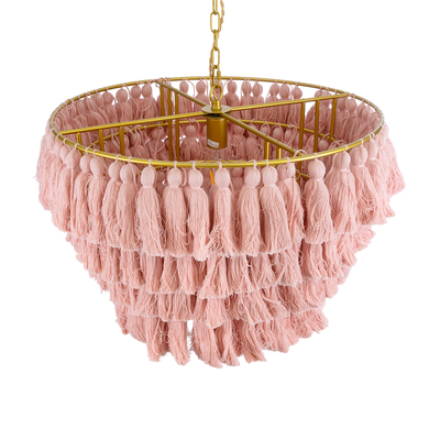 GloboStar® MISSOULA 02090 Boho Κρεμαστό Φωτιστικό Σχοινί Μονόφωτο 1 x E27 IP20 Ροζ Ύφασμα με Χρυσό Μέταλλο - Μ60 x Π60 x Υ40cm