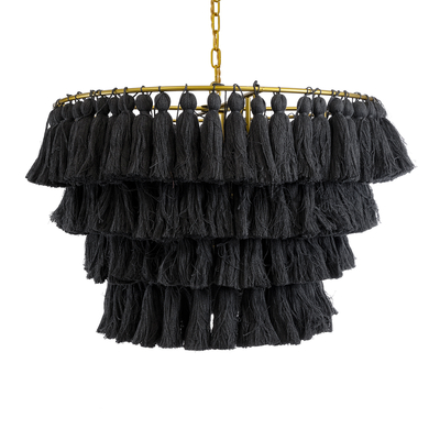 GloboStar® MISSOULA 02091 Boho Κρεμαστό Φωτιστικό Σχοινί Μονόφωτο 1 x E27 IP20 Μαύρο Ύφασμα με Χρυσό Μέταλλο - Μ60 x Π60 x Υ40cm