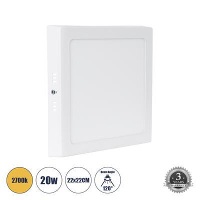 GloboStar® 60205 Εξωτερικό LED Panel 22x22cm 20W 2060lm 120° AC 220-240V IP20 Μ22 x Π22 x Υ3cm Θερμό Λευκό 2700K - 3 Χρόνια Εγγύηση