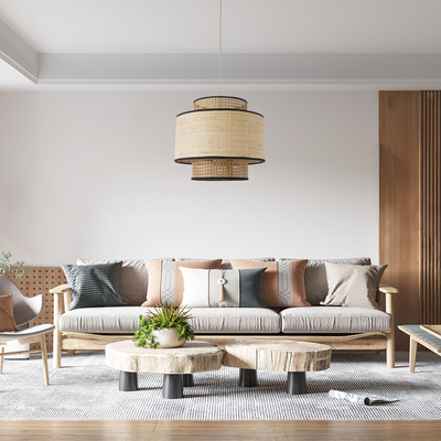 GloboStar® BRAVADO 02386 Boho Κρεμαστό Φωτιστικό Πλέγμα Μονόφωτο 1 x E27 IP20 Καφέ & Μπεζ Ξύλο - Μ40 x Π40 x Υ35cm