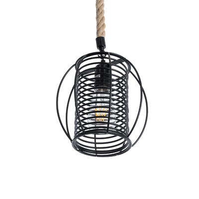 GloboStar® ORVAL 01689 Μοντέρνο Κρεμαστό Φωτιστικό Πλέγμα Μονόφωτο 1 x E27 IP20 Μαύρο Μέταλλο με Μπεζ Σχοινί - Μ20 x Π20 x Υ20cm