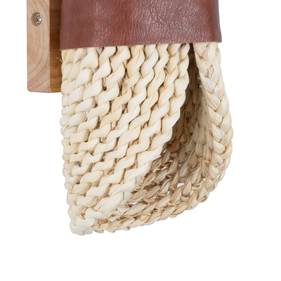 GloboStar® GUAVA 02385 Boho Επιτοίχιο Φωτιστικό Απλίκα Δίφωτο 2 x G9 IP20 Μπεζ Ξύλο με Καφέ Δέρμα - Μ11 x Π13 x Υ30cm