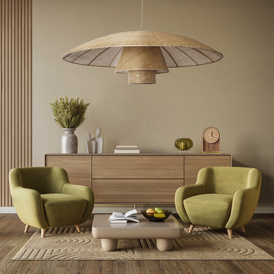 GloboStar® ZORA 02140 Boho Κρεμαστό Φωτιστικό Καμπάνα Μονόφωτο 1 x E27 IP20 Μπεζ Ύφασμα - Μ120 x Π120 x Υ40cm