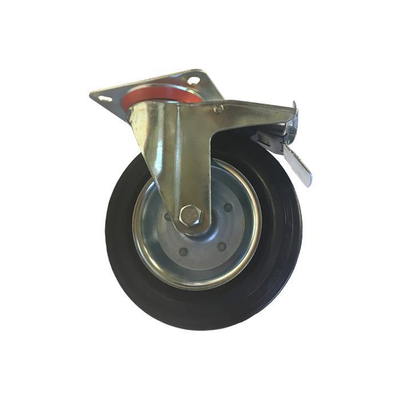 Ρόδα μαύρη περιστρεφόμενη με φρένο 200x50mm, ύψος 230mm, αντοχή 185Kg, διαστάσεις πλάκας 135x105mm / 651200