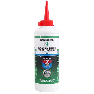 Ξυλόκολλα ταχείας πήξης WOODFIX D3 αδιάβροχη 750gr κρυσταλλιζέ με βάση PVAC, στερεά κατά όγκο 50%, υπερκαλύπτει προδιαγραφές D3 EN 204/205, για εσωτερικές και εξωτερικές εφαρμογές / 84000707
