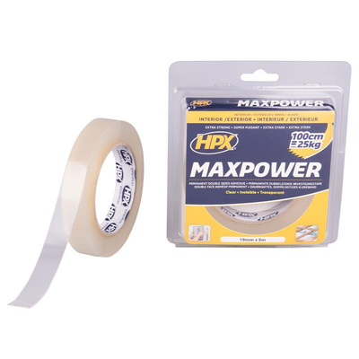 Ταινία διπλής όψεως MAXPOWER διάφανη 19mmx5m.. Ταινία διπλής όψης διάφανη με πολύ δυνατή ακρυλική κόλα. Κατάλληλη για την τοποθέτηση αντικειμένων κάθε τύπου. Πολύ καλή πρόσφυση σε μέταλλο, γυαλί και στα περισσότερα είδη πλαστικού. Αντοχή 1,5kg. Μεγάλη αντοχή στην υγρασία. Κατάλληλη για χρήση σε εσωτερικό και εξωτερικό χώρο.
Αντικαθιστά καρφιά, βίδες και υγρές κόλλες. Αντέχει έως 120C Aντοχή διάτμησης : 5,9kg/cm2. / HT1905