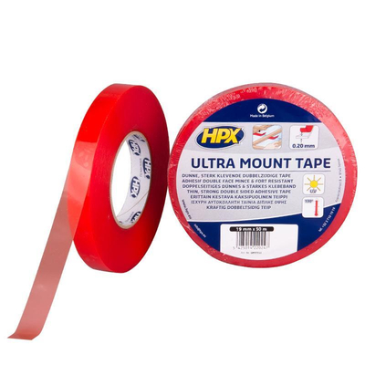Tαινία διπλής όψεως ULTRA MOUNT διάφανη 19mmx10m.  Διαφανής ταινία διπλής όψης με πανίσχυρη ακρυλική κόλλα διαλύτου.  Μεγάλη αντοχή στην υγρασία, UV και στις υψηλές θερμοκρασίες. Κατάλληλη για επιγραφές. Κατάλληλη για ABS, polyester, EPDM. Αντέχει έως100C. Aντοχή διάτμησης: 5,4kg/cm2. Συγκολλητική δύναμη : 18Ν/25mm. / UM1910S