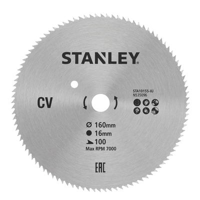 Δίσκος stanley διαμαντέ κοπής ξύλου και κόντρα πλακέ fine cut με τρύπα 16mm, διάμετρο 160mm και 100 δόντια / STA10155-XJ