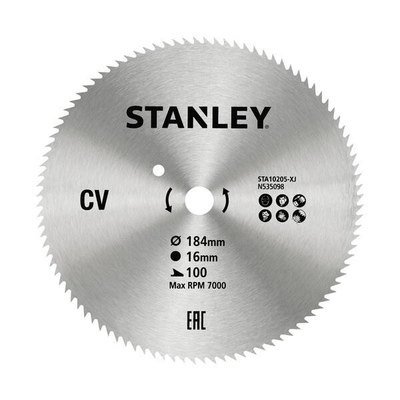 Δίσκος stanley διαμαντέ κοπής ξύλου και κόντρα πλακέ fine cut με τρύπα 16mm, διάμετρο 184mm και 100 δόντια / STA10205-XJ