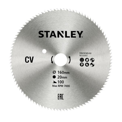 Δίσκος stanley διαμαντέ κοπής ξύλου και κόντρα πλακέ fine cut με τρύπα 20mm, διάμετρο 160mm και 100 δόντια / STA10165-XJ