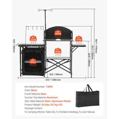 VEVOR Camping Τραπέζι Κουζίνας Φορητό Υπαίθριο Σταθμό Μαγειρικής Αποθήκευσης Αλουμίνιο