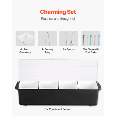 Κρύος δίσκος σερβιρίσματος VEVOR Διακομιστής καρυκευμάτων 4 διαμερισμάτων με διαφανές καπάκι