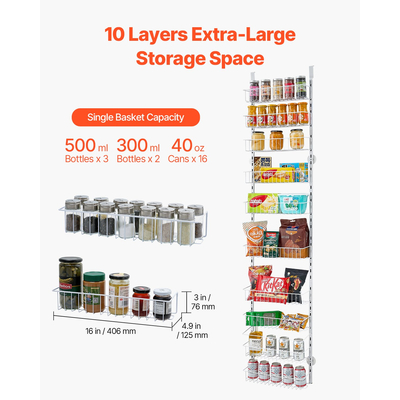 VEVOR 10-Tier Over the Door Pantry Organizer Κρεμαστό ράφι αποθήκευσης Ρυθμιζόμενο