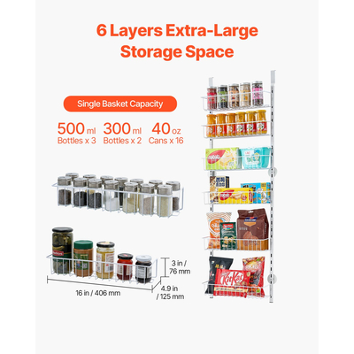 VEVOR 6-Tier Over the Door Pantry Organizer Κρεμαστό ράφι αποθήκευσης Ρυθμιζόμενο