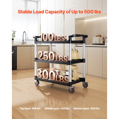 VEVOR Heavy Duty Utility Cart 500 lbs Χωρητικότητα 3-επιπέδων καλάθι σέρβις με ρόδες
