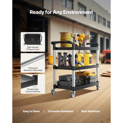 VEVOR Heavy Duty Utility Cart 500 lbs Χωρητικότητα 3-επιπέδων καλάθι σέρβις με ρόδες