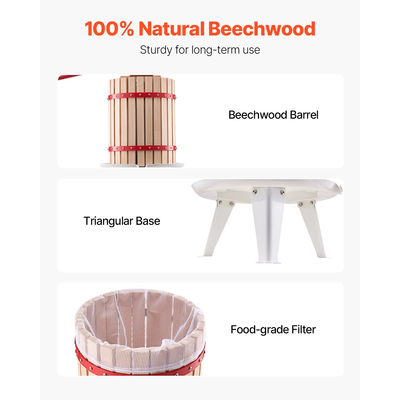 VEVOR Fruit Wine Press Manual Press for Wine Making 4,75 Gal/18L Wood Basket