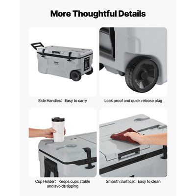 VEVOR Portable Cooler 74 QT Wheeled Cooler 120 Can Capacity with Cup Holder
