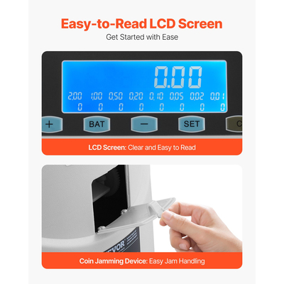 VEVOR EURO Διαλογής νομισμάτων με μεγάλη οθόνη LCD Κρατήστε έως και 1500 νομίσματα 5 σωλήνες νομισμάτων