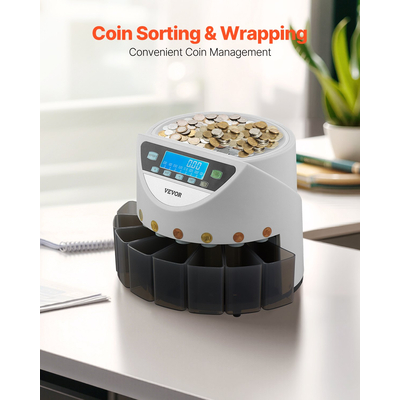 VEVOR EURO Διαλογής νομισμάτων με μεγάλη οθόνη LCD Κρατήστε έως και 1500 νομίσματα 5 σωλήνες νομισμάτων