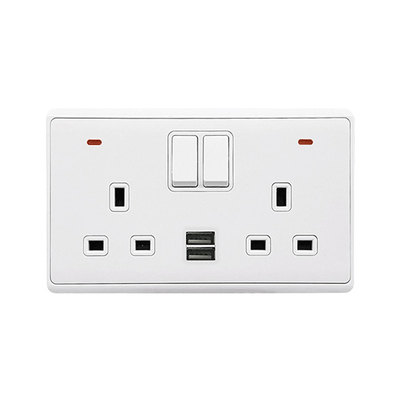 LONDON DOUBLE SOCKET 2P BUTTON SWITCH NEON+USB WH