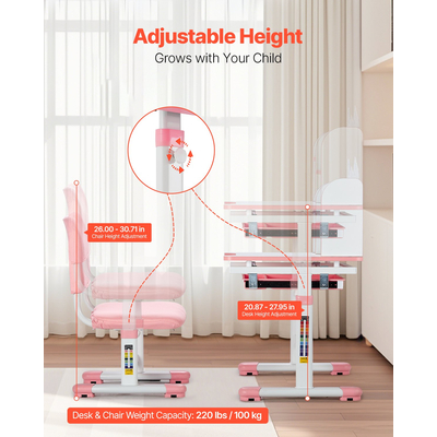 VEVOR Παιδική καρέκλα και γραφείο με ράφι και συρτάρι ρυθμιζόμενο ύψος ροζ