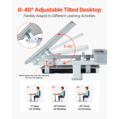 VEVOR Παιδικό σετ καρέκλας και γραφείου Επιτραπέζιο φωτιστικό με ρυθμιζόμενο ύψος & γκρι επιφάνεια εργασίας με κλίση