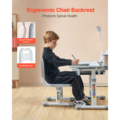VEVOR Παιδικό σετ καρέκλας και γραφείου Επιτραπέζιο φωτιστικό με ρυθμιζόμενο ύψος & γκρι επιφάνεια εργασίας με κλίση