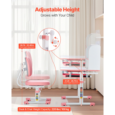 VEVOR Παιδική καρέκλα και γραφείο με ράφι και συρτάρι ρυθμιζόμενο ύψος ροζ