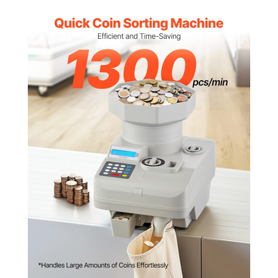 VEVOR Coin Counter Professional Οθόνη LED Διαλογής νομισμάτων Χωράει έως και 11000 νομίσματα