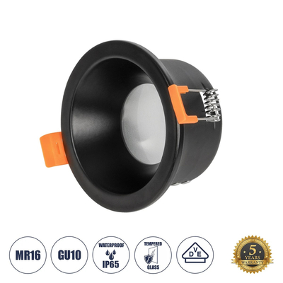 GloboStar® 60891 GASPAR Χωνευτό Στρόγγυλο Σποτ Οροφής για Λάμπα MR16/GU10 IP65 - Αλουμίνιο & Γυαλί - Φ8.5 x Υ4.4cm - Μαύρο & Διάφανο - 5 Χρόνια Εγγύηση