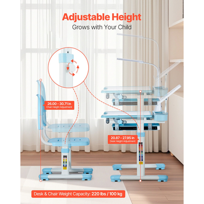 VEVOR Παιδικό σετ καρέκλας και γραφείου Επιτραπέζιο φωτιστικό ρυθμιζόμενο ύψος & επιτραπέζιο με κλίση μπλε