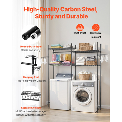 VEVOR Πάνω από πλυντήριο και στεγνωτήριο ράφι αποθήκευσης δύο σειρών 4 επιπέδων ράφι πλυντηρίου μαύρο